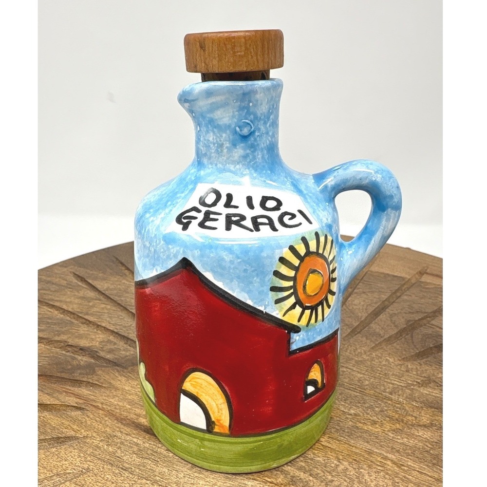 Nino Parrucca Ceramic Olive Oil Cruet 6in Blue Red‎ Excellent Sicilian Folk Art
